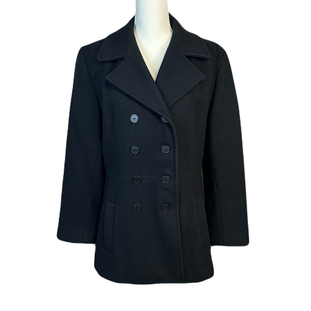 Vintage Jason Kole Womens Black Pea Coat M 100% Wool Double Breasted Classic
